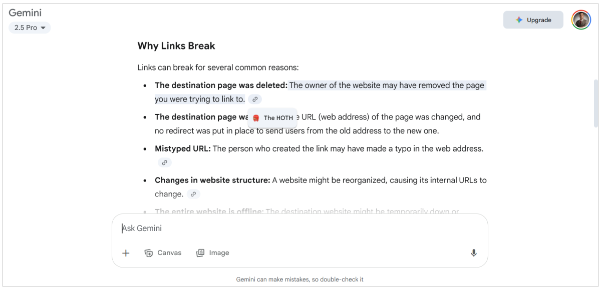 Example of website being referenced in Gemini answer
